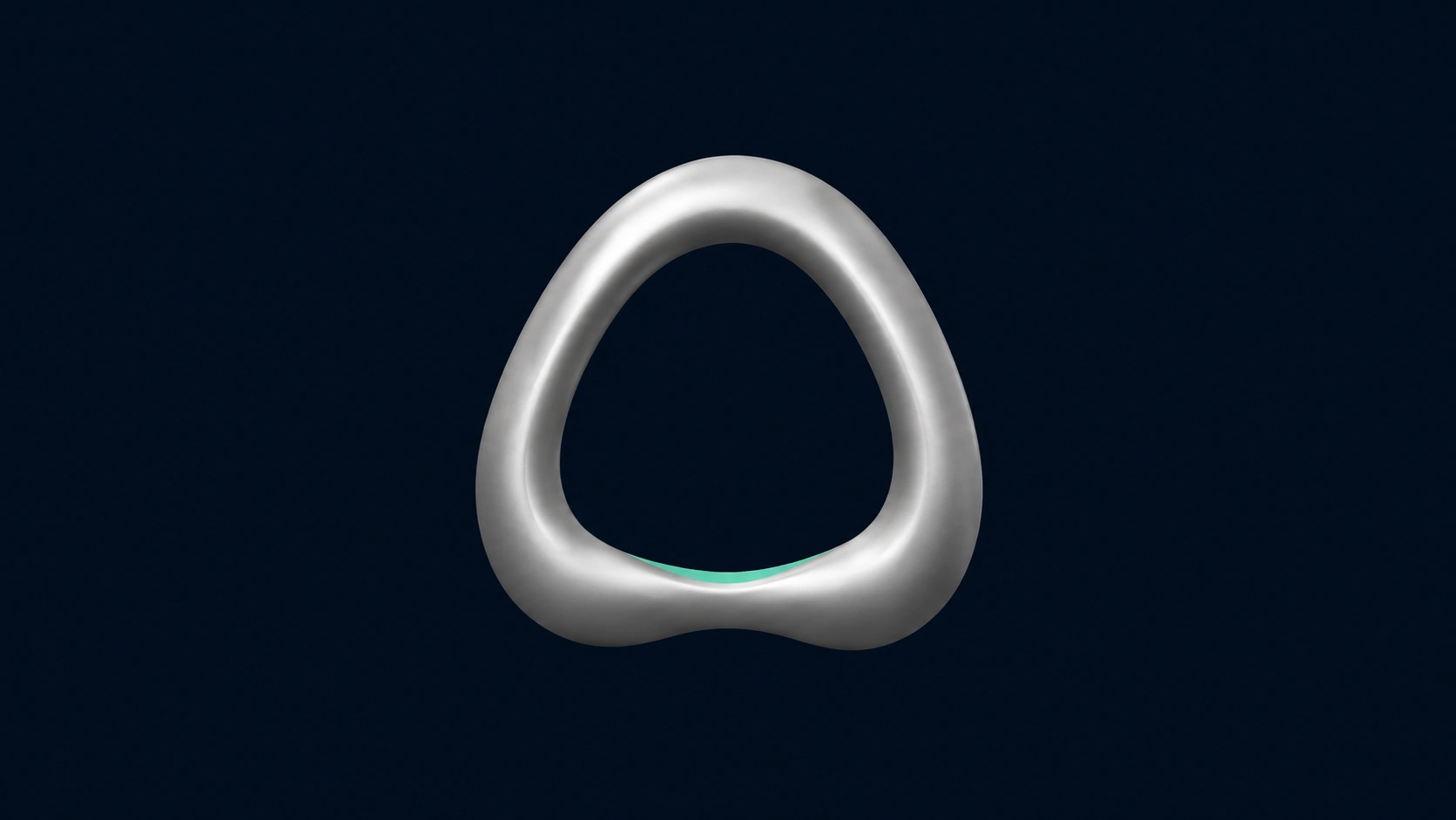 Abstract soft-silver closed vessel form on a deep navy background with a restrained teal inner edge suggesting containment and held pressure.