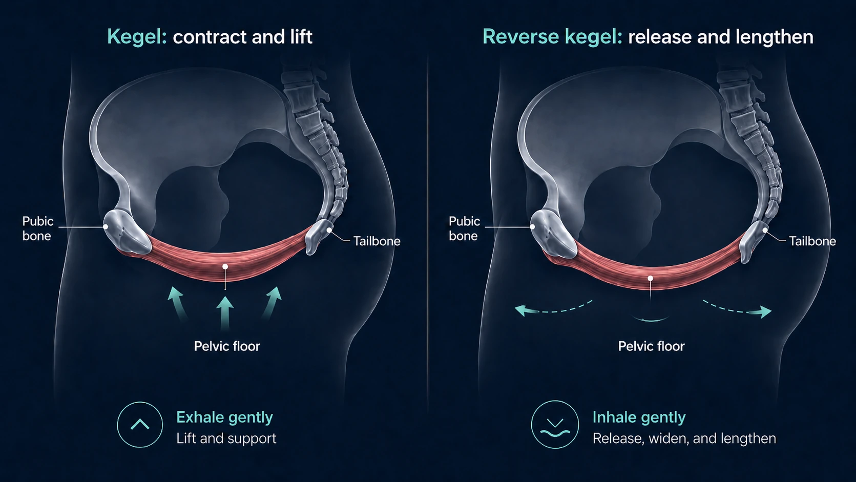 Kegel vs reverse kegel diagram for men showing contraction lift and pelvic floor release